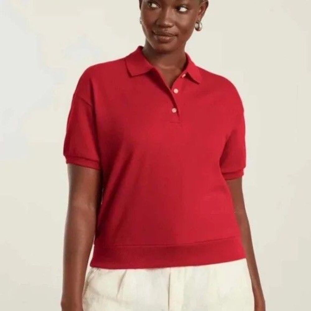 EVERLANE The Oversized Polo Top XXS Red Organic Cotton Short Slv Casual NWT B14